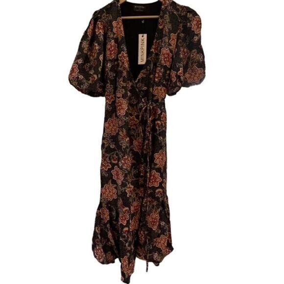 Minkpink Meyhda‎ Floral Puffer Sleeves Wraparound Boho Midi Dress Size Small NWT - Picture 6 of 16